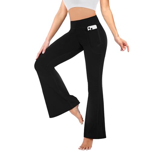 Fiohiros Leggings mulher com bolsos, calças com sino alto para controlo de barriga, leggings desportivas elásticas para ioga e ginásio, Preto, XL