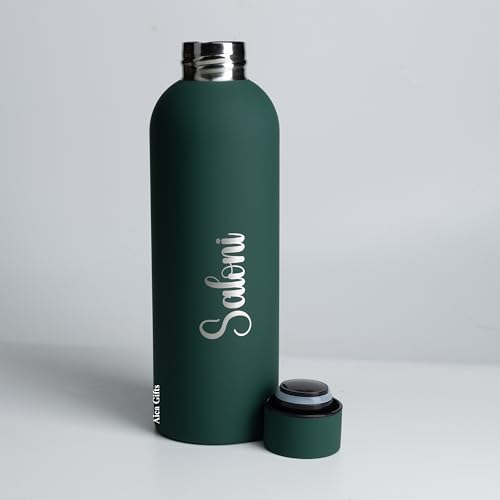 Image of AICA Personalized Name Stainless Steel Water Bottle -500ml - 12 Hrs Hot & 18hHs Cold (Darkgreen) | Customised Gift For Man Woman Girl Boy