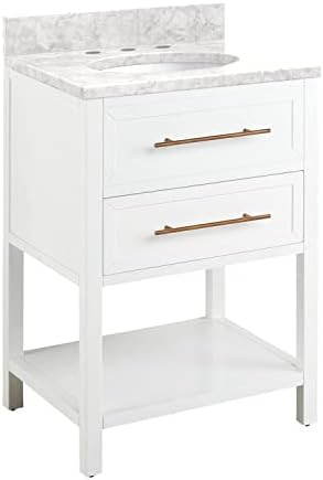Signature Hardware 953332-24-UM-8 Robertson 24" Freestanding Mahogany Single Basin Vanity Set with Cabinet, Vanity Top, and Oval Undermount Sink - 8" Faucet Holes - Bright White/Carrara Marble