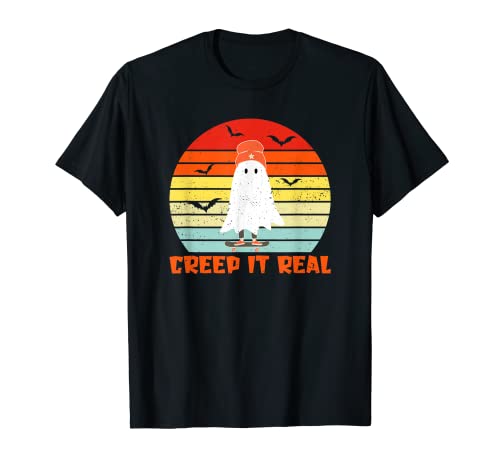 Creep It Real Ghost Costume Halloween retro homem mulher Kids t-shirt, Preto, S