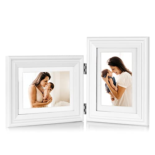 Tamolus 5X7 Double Wooden Hinged Picture Frame Horizontal and Vertical in White, Display 4x6 with Mat or 5x7 without Mat, Folding Photo Frame with Real Glass Front for Tabletop X2-BAI-HS57