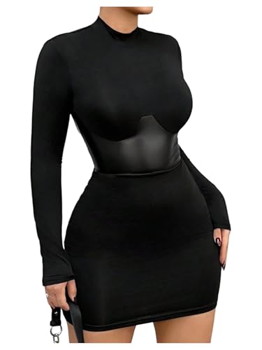 Milumia Women's Mock Neck Corset Mini Dress Y2K Cinched Waist Long Sleeve Bodycon Party Club Going Out Dresses Black Large