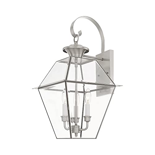 Image of Livex Lighting 2381-91 3-Light Outdoor Wall Lantern, Brushed Nickel | Transitional design