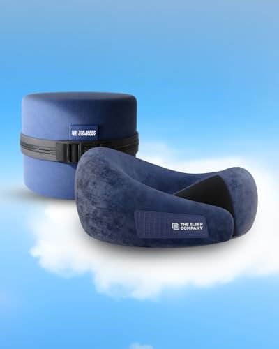 Image of The Sleep Company Travel Neck Pillow | PU Latex | Neck Support | Perfect For Flights, Car, Train and Bus Journeys | Dual Height Design | Compact Zippered Case | Light Weight | Adjustable Velcro | Blue