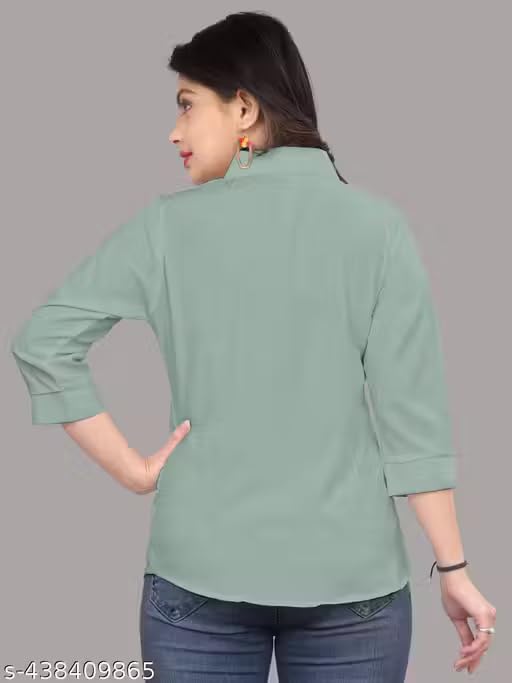 Image of Women's Cotton Blend Solid Formal Shirt with 3 /4 Sleeves-Navy Blue P4