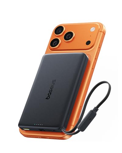 Baseus PicoGo AM52 Power Bank, Qi2.2 Magsafe Powerbank 10000mAh, Ricarica Wireless Ultraveloce da 25 W, Cavo USB C integrato, Ricarica PD da 45 W, Batteria Esterna Magnetica per iPhone 17/16 Pro Max