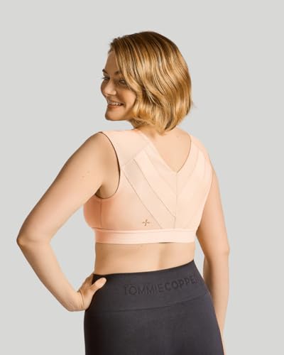 Image of Tommie Copper Shoulder Support Compression Bra with Front Zipper Closure Wireless Posture Corrector & Back Support Bra UPF 50