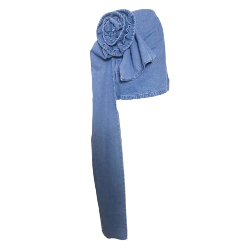 Jupe femme asymétrique bleue avec fleur rose tridimensionnelle design unique