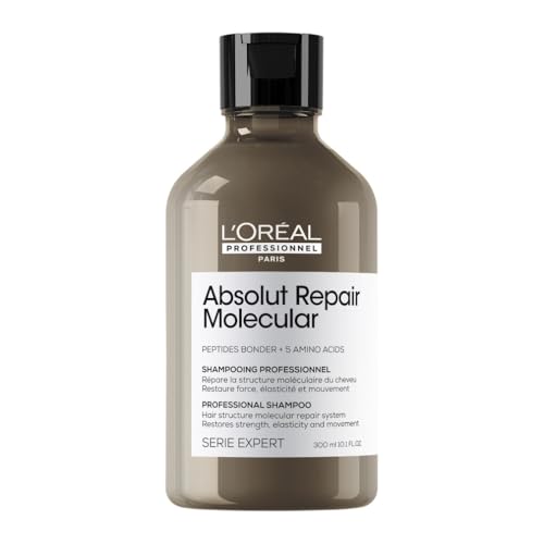 L’Oréal Professionnel, Champú Profesional Sin Sulfatos, Absolut Repair Molecular, Repara Daños, Limpia y Fortalece el Cabello, Aporta Elasticidad, Cabello Seco y Dañado, Fórmula Patentada, 300 ml