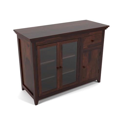 Image of Wood Kitchen Cabinet with Acrylic Glass Door, Storage Cabinet Racks, Home Kitchen Furniture, Crockery Rack, Display Unit, Wooden Chest of Drawers, (Walnut Finish)