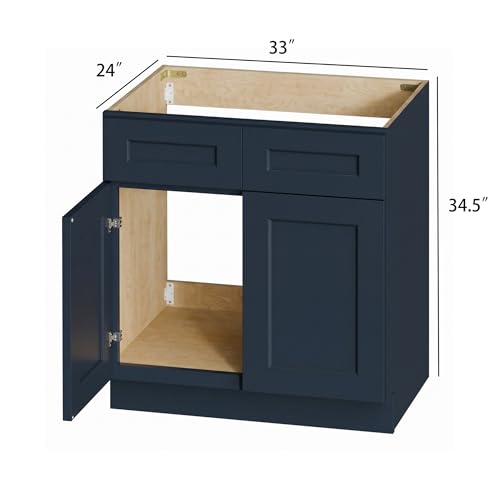 Mueble para baño base de lavabo de madera sólida pintado azul marino 33"W x 24"D x 34.5"H RTA listo para armar con doble puerta miniatura 3