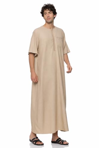 العثيمان Men’s Jalabiya Short Sleeve Zip Thobe – Comfortable Lightweight Traditional Thobe, Light Brown, 58