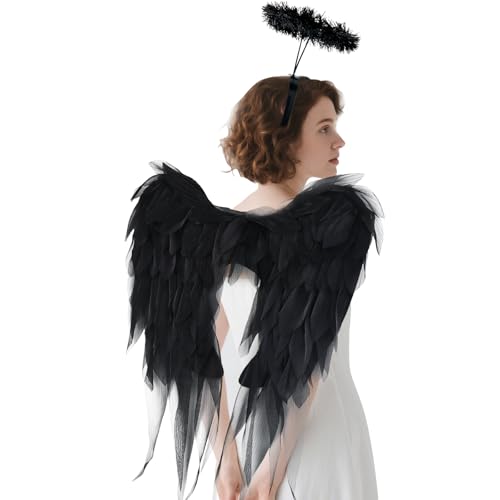 Angel Wings and Halo Headband for Women Adults - Black Chiffon Fairy Wings Elegant Costume Accessories for Halloween Christmas Party Cosplay