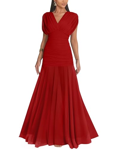 GOKATOSAU Womens Elegant Formal V Neck Mesh Cap Sleeve Bodycon Ruched Ruffle Hem Long Maxi Dress Red