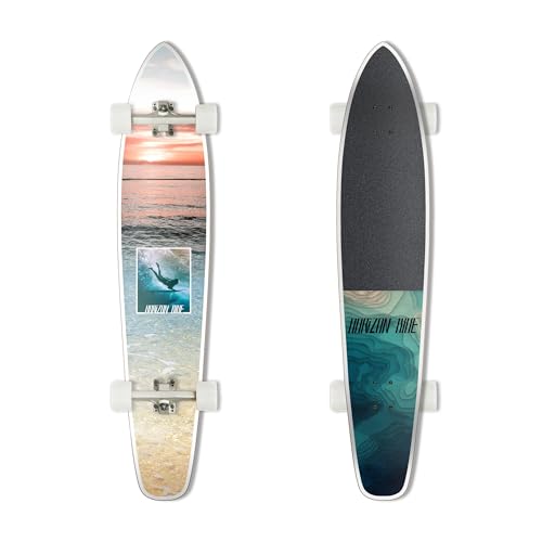 HORIZON BLUE Longboard Cruiser Kicktail de 44 pulgadas | Cubierta de arce duro y bambú | Ideal para navegar, tallar, bailar (playa)