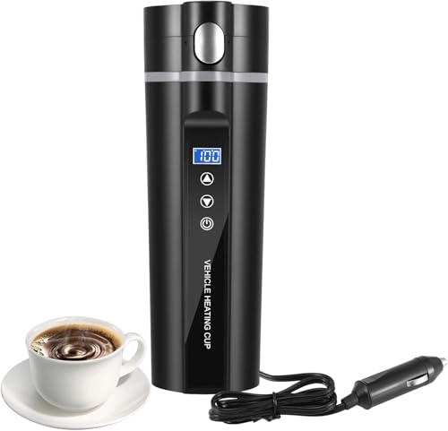 Hervidor eléctrico de viaje de 24 V/12 V para coche/camión, hervidor de agua eléctrico de 450 ml, taza de agua calentada con pantalla LCD, control de temperatura, taza de café y té, color negro