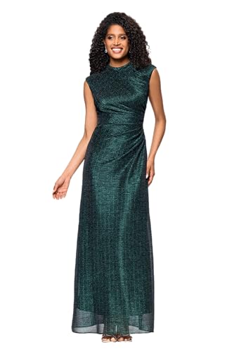 Image of Betsy & Adam Women's Metallic Knit Full Length Gown with Bateau Neck & Ruched Bodic
