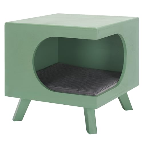SAFAVIEH Home Collection Bean Mid-Century Sage Green Square Covered Cave Small Pet Cat Bed (Fully...