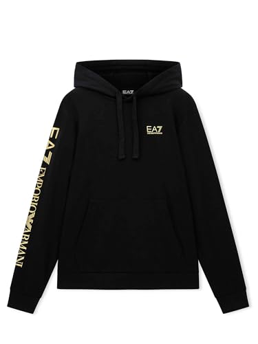Emporio Armani EA7 Men's Hooded Sweatshirt with Logo Series in Lightweight Cotton, Black/Gold, XL