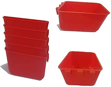 5 Pack Cage Cups Plastic Hanging Chicken Feeders Pet Water Bowl with Hooks Pigeon Bird Food Dish for Wire Cages Gamefowl Supplies Poultry Parakeet Rabbite Coop Cups (5 Pack, Large Red)