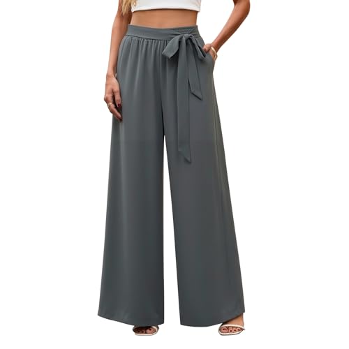 VENTROLLO Women Wide Leg Pants High Waisted Belted Palazzo Pants for Women Dressy Casual Lightweight Flowy Long Trousers Adjustable Tie Knot Loose Slacks Trendy Lounge Pants with Pockets (Grey, S)