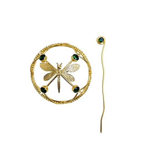 Image of Hair Bun Cage Accessory for Women | Handcrafted Brass Juda Cover with Stick | Anti-Tarnish Traditional Hair Accessory for Wedding & Festive (Dragonfly Green Crystal Hair Bun (Golden))