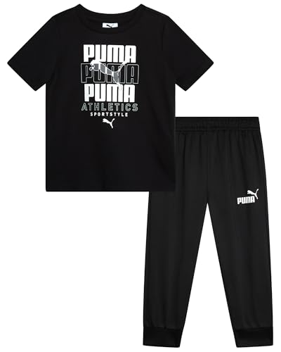 PUMA Toddler Boys Joggers Set - 2 Piece Short Sleeve TShirts and Active Fleece Joggers for Boys Athletic Set (18M-5T)
