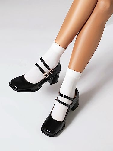 Joi4mis Mary Jane Shoes Women Chunky Heel Buckle Strap Rhinestones Low Block Heels Close Square Toe Mary Jane Pumps Dress Shoes3