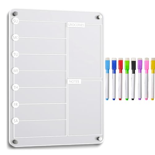 Pizarra blanca magnética para nevera, tablero de notas acrílico, pizarra borrable con 8 marcadores, tablero de planificación de comidas de cocina para seguimiento de alimentos, lista de compras