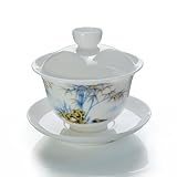 Ice Jade White Porcelain Gaiwan,5oz Teacup Suet-fat Jade Porcelain Chinese Tea Cup Set for Gongfu Tea (bamboo)