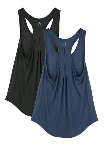 icyzone Women's Workout Yoga Tank Tops Long Racerback Sleeveless Sport Athletic Running Shirts, 2-Pack (Black/True Navy, M)