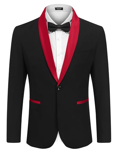COOFANDY Mens Tuxedo Jacket Wedding Blazer One Button Dress Suit for Christmas Dinner Prom Party Black&Red