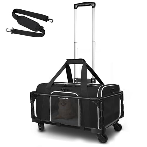Petskd Small Pet Carrier with Wheels (17 L x 11 W x 9.5 H) Alaska Airlines Approved Rolling Pet Carrier for Small Dogs & Cats (Black)
