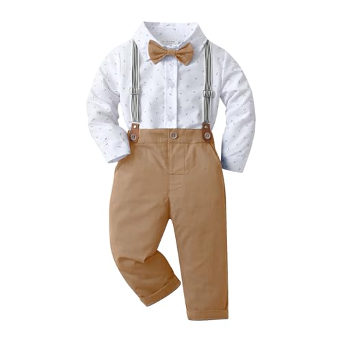 Image of Boarnseorl Baby Boys Pants Sets, Infant Long Sleeve Shirt + Pants + Bow Tie + Suspenders Outfits