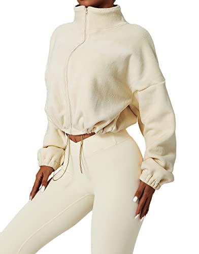 Kissonic Women's Oversized Zip Up Hoodies Cropped Long Sleeve Sherpa Pullover with Drawstring