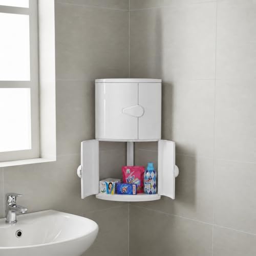 Image of BRANCO Double Door Corner Wall Mounted Multipurpose Bathroom Cabinet with Double Door Shelf Organizer (Ivory)