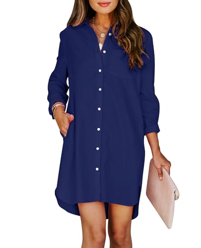 Image of Aoudery Womens Button Down Shirt Dresses with Pockets Cotton Button Up Tunics Long Sleeve Solid High Low Blouse Tops