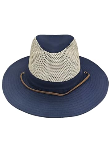 Image of Men's Flat Wide Brim Mesh Safari Outdoor Hat Panama Hat Travel Fishing Hiking with Windproof