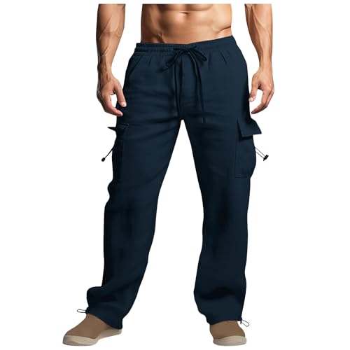 Mens Linen Scrub Cargo Pleated Straight Leg Plain Fall Summer Pants 2025 Trendy Y2K