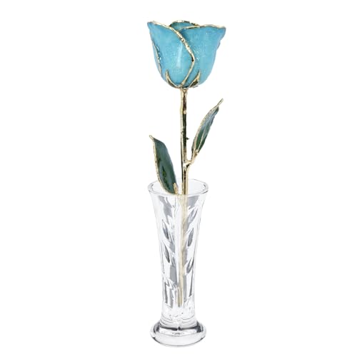 Forever Rose Rosa brillante de aguamarina bañada en oro de 24 quilates, la piedra natal de marzo, una rosa azul real única y eterna bañada en oro de 24 quilates, sumergida a mano, de 11 a 12 pulgadas