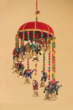 Image of Anupam Traditional Rajasthani Handicrafts Handmade Red Color Decorative Elephant Umbrella Wall & Door Hangings with Beads & Brass Bell Strings for Home Decoration & Gifting Purpose