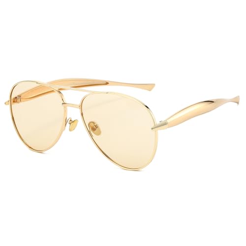 Long Keeper Retro Pilot Sunglasses for Women Men Gold Metal Oversized Aviation Sunglasses Trendy Big 70s Double Bridge Shades