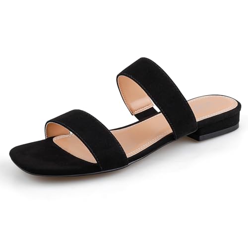 BCTEX COLL Women's Two Strap Low Block Heel Sandals Comfortable Open Toe Flat Sandals Dressy 1-Inch Heels for Women Black White Brown4