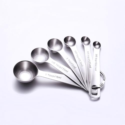 Measuring Spoons, Heavy Duty 18/10 Stainless Steel Measuring Spoons Set, Small Tablespoon with Metric and US Measurements, Set of 6 for Baking or Cooking Ingredients Measuring (Round spoons)