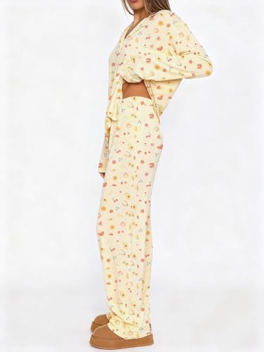 Image of Dressmine Ladies Long Sleeve Cute Pajama Sets 2 Piece Fall Outfits Button Up Pjs Set Loungewear