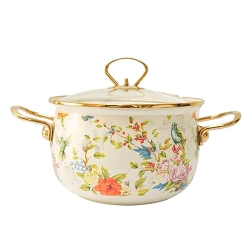 QAZWZG Cacerola Olla de Sopa esmaltada, Flor Retro, pájaro Binaural, Olla for estofado de Gran Capacidad con Tapa, Utensilios esmaltados for el hogar, Utensilios de Cocina delicados(2.8L)