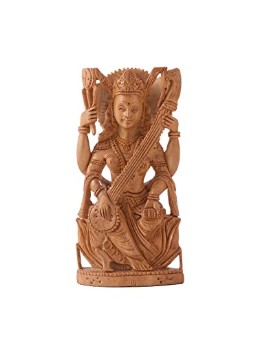 Image of RDK Handcrafted Sandalwood Saraswati Figurine - 3-Inch Decorative Wooden Sculpture Inspired by Traditional Indian Art - Natural Chandan Wood for Home, Study, or Office Display