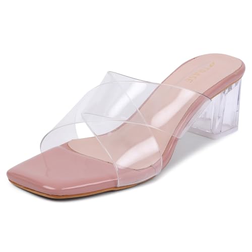 Image of TRASE Transparent Cross Strap Block Heels for Women Stylish | Fashionable Heel Sandals for Girls | Elegant & Formal Footwear