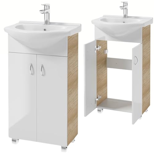 Domodomo - Armadietto da bagno con lavandino, 85 x 55 x 42 cm, colonna elegante set con lavabo in ceramica, mobile con lavabo
