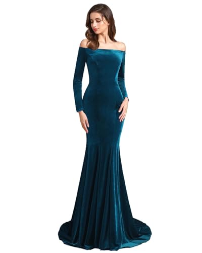 Off Shoulder Velvet Prom Dresses Mermaid Long Sleeves Formal Evening Party Gowns with Court Train pp123